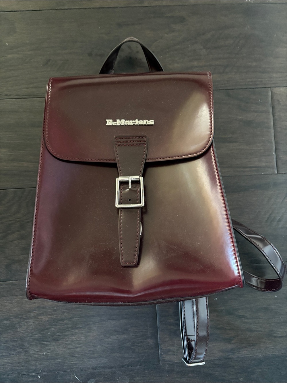 Dr. Martens Burgundy Patent Leather Buckle-Front Backpack
